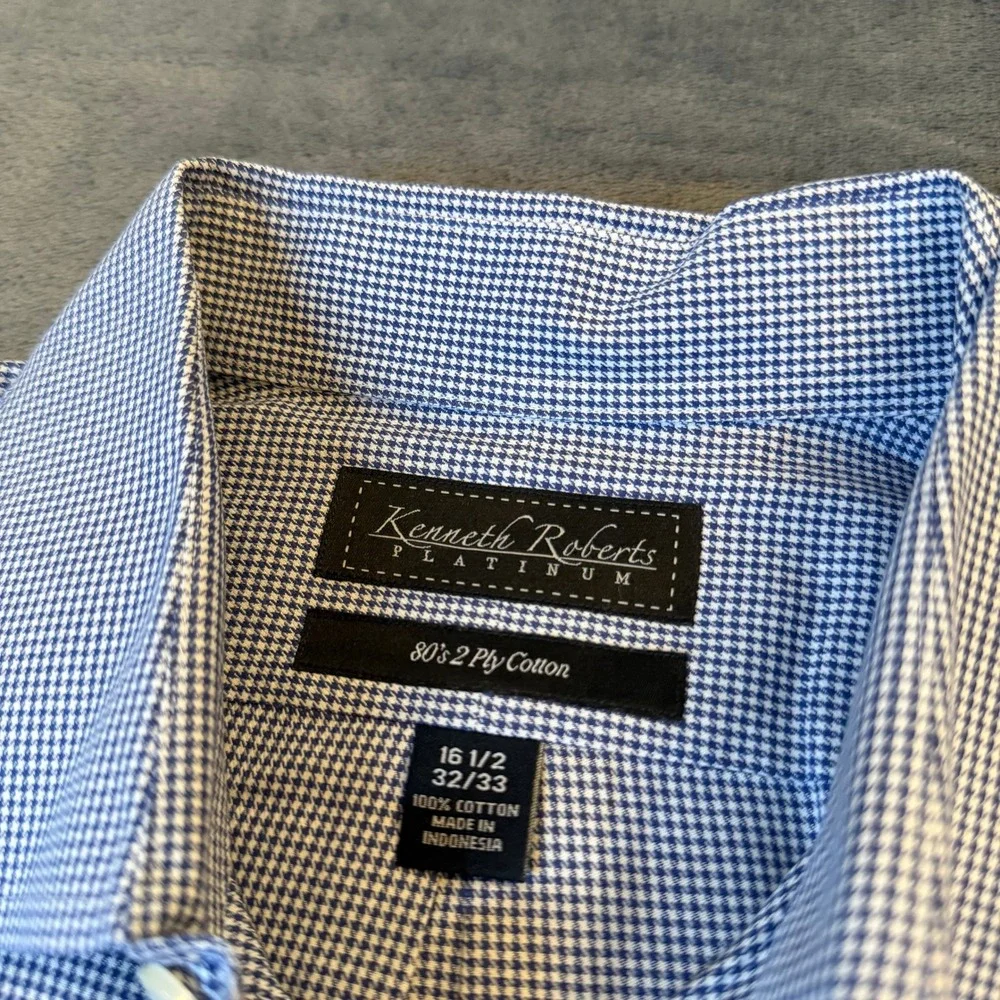 Kenneth Roberts‎ Platinum Dress Shirt Mens 16 1/2 32/33 Blue Check Long Sleeve